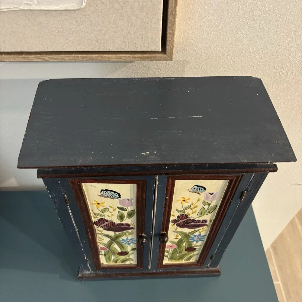 Blue Floral Painted Wood Cabinet Double Door 2 Shelves w Magnet Latch 14x10x5''